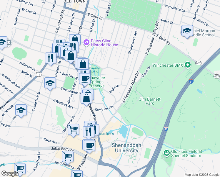 map of restaurants, bars, coffee shops, grocery stores, and more near 504 Eagle Drive in Winchester