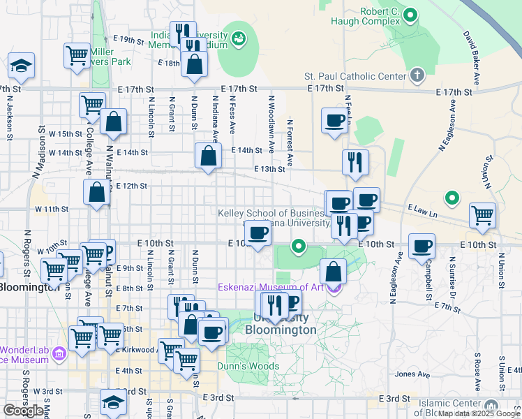 map of restaurants, bars, coffee shops, grocery stores, and more near in Bloomington