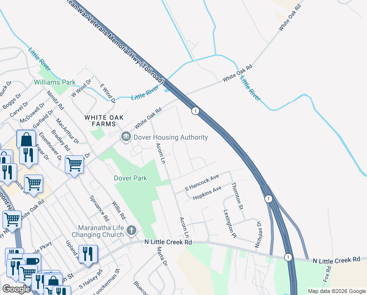 map of restaurants, bars, coffee shops, grocery stores, and more near 303 Stripef Court in Dover