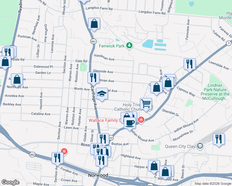 map of restaurants, bars, coffee shops, grocery stores, and more near 2216 Cathedral Avenue in Cincinnati