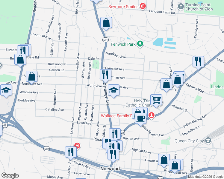 map of restaurants, bars, coffee shops, grocery stores, and more near 2112 Cathedral Avenue in Cincinnati