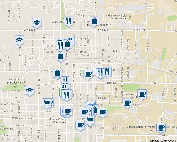 map of restaurants, bars, coffee shops, grocery stores, and more near 416 East 12th Street in Bloomington