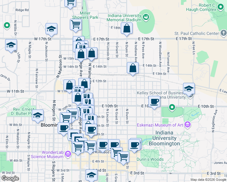 map of restaurants, bars, coffee shops, grocery stores, and more near 312 East 12th Street in Bloomington