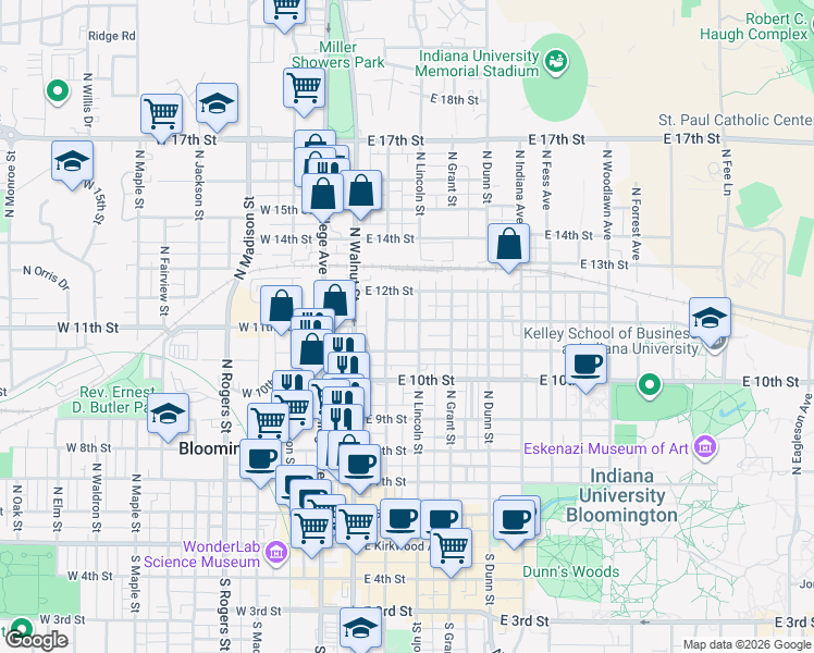 map of restaurants, bars, coffee shops, grocery stores, and more near 810 North Washington Street in Bloomington