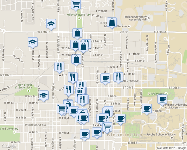 map of restaurants, bars, coffee shops, grocery stores, and more near 810 North Washington Street in Bloomington