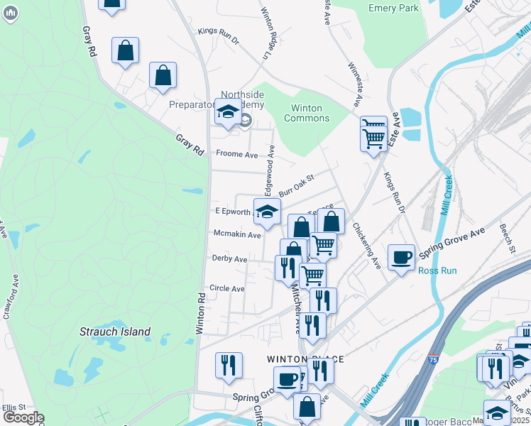 map of restaurants, bars, coffee shops, grocery stores, and more near 700 East Epworth Avenue in Cincinnati