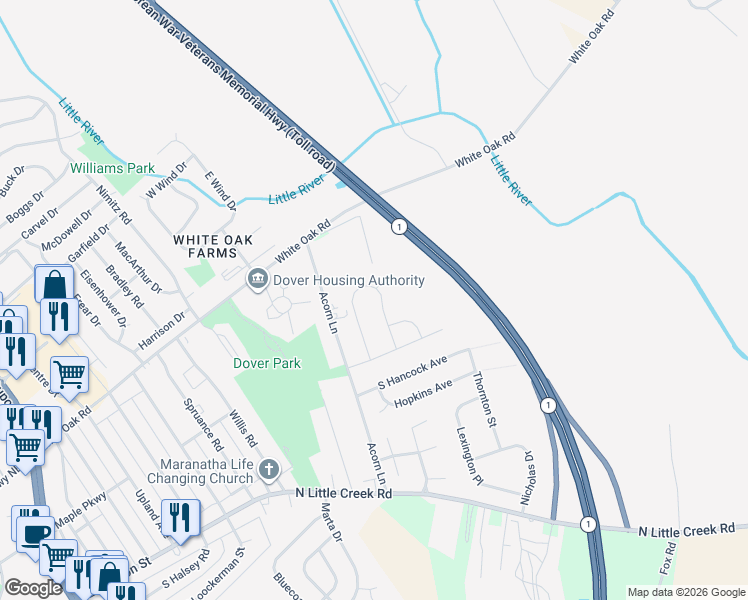 map of restaurants, bars, coffee shops, grocery stores, and more near 303 Stripef Court in Dover