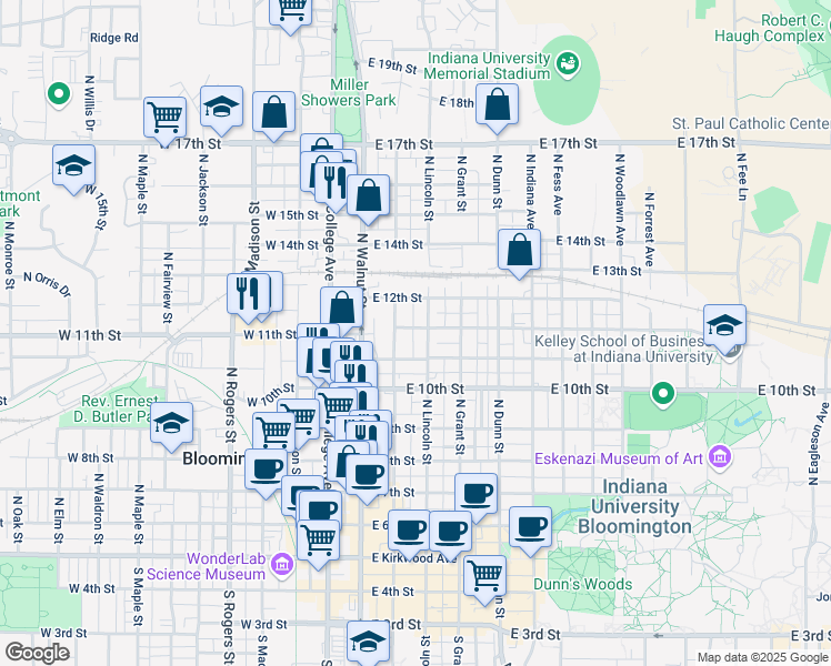 map of restaurants, bars, coffee shops, grocery stores, and more near 810 North Washington Street in Bloomington