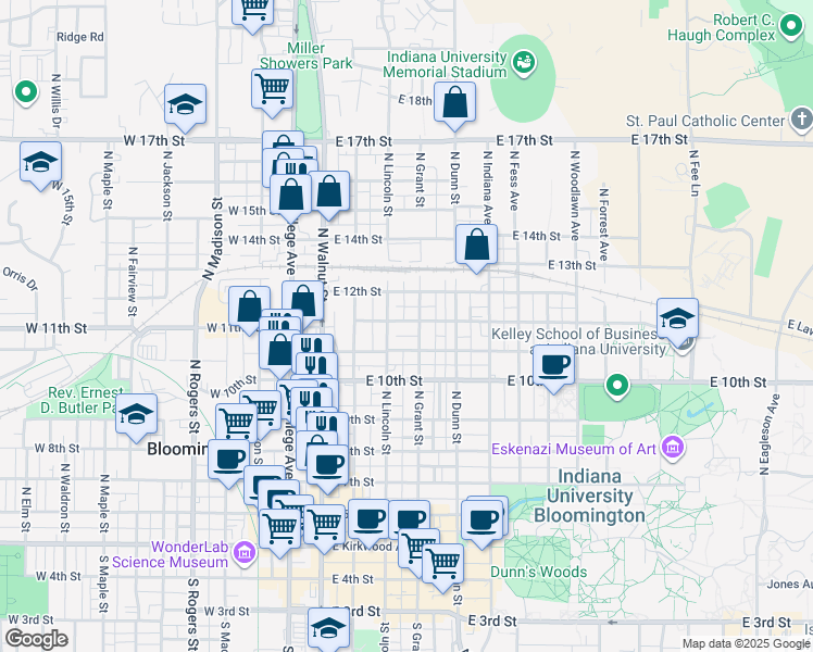 map of restaurants, bars, coffee shops, grocery stores, and more near 312 East 12th Street in Bloomington