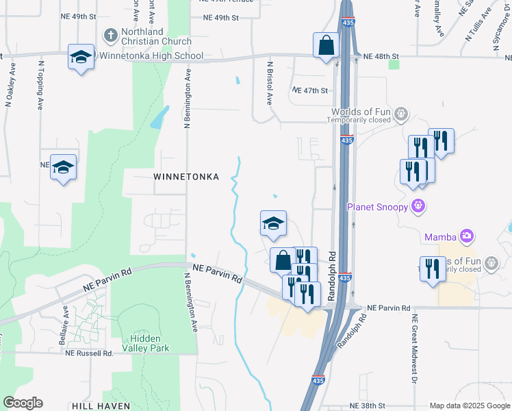 map of restaurants, bars, coffee shops, grocery stores, and more near 4250 North Newton Avenue in Kansas City