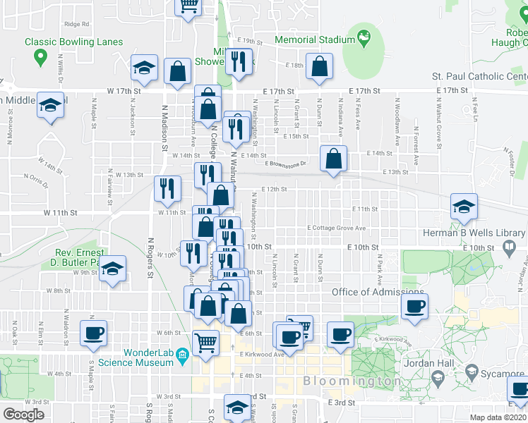 map of restaurants, bars, coffee shops, grocery stores, and more near 810 North Washington Street in Bloomington