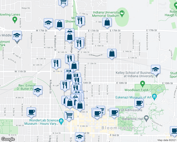 map of restaurants, bars, coffee shops, grocery stores, and more near 210 East 11th Street in Bloomington