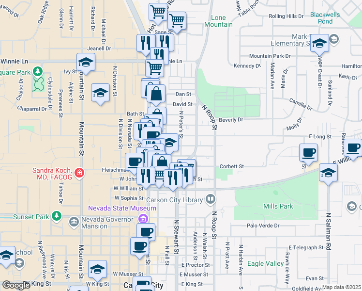 map of restaurants, bars, coffee shops, grocery stores, and more near East Adams Street in Carson City