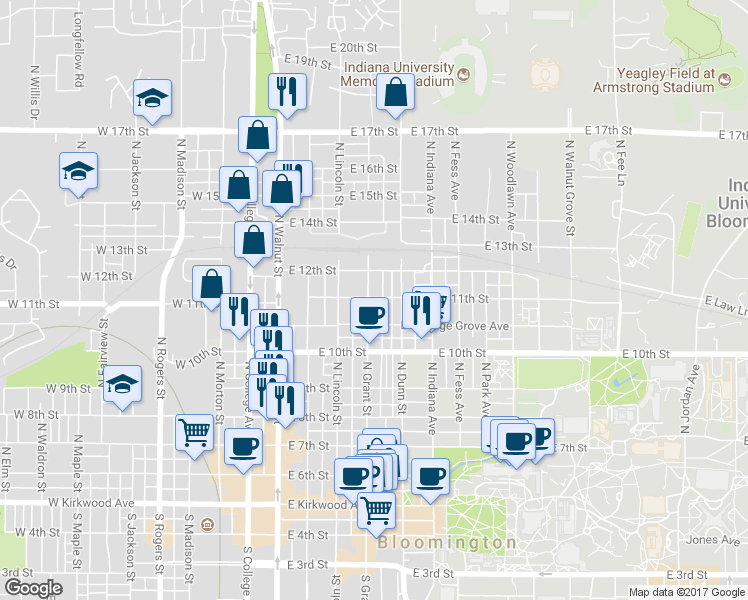 map of restaurants, bars, coffee shops, grocery stores, and more near 416 East 12th Street in Bloomington