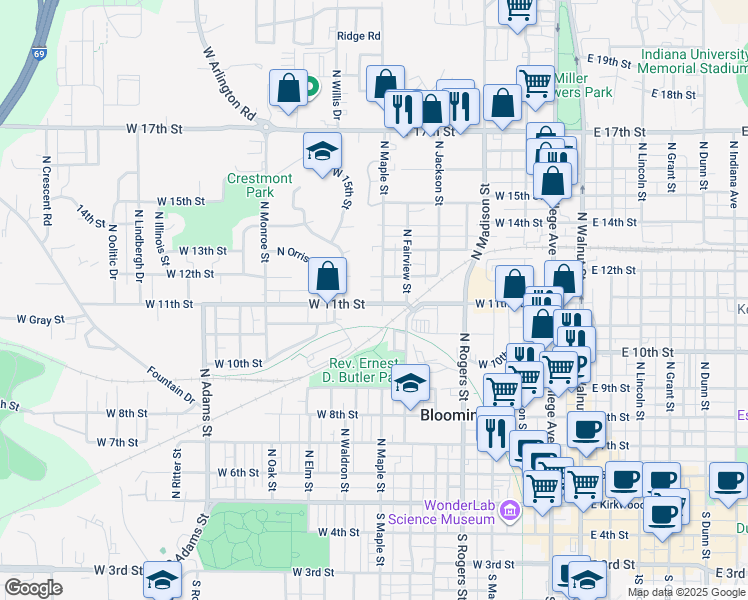 map of restaurants, bars, coffee shops, grocery stores, and more near 801 West 12th Street in Bloomington