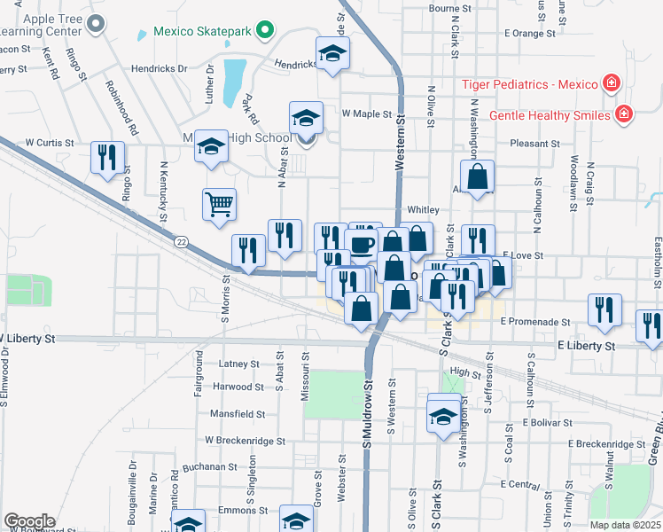 map of restaurants, bars, coffee shops, grocery stores, and more near 707 West Monroe Street in Mexico