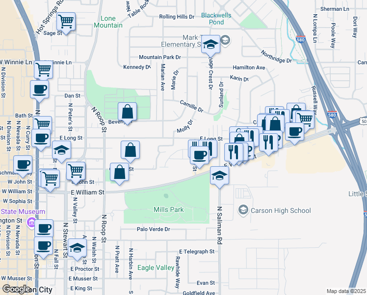 map of restaurants, bars, coffee shops, grocery stores, and more near 1336 Saltern Drive in Carson City