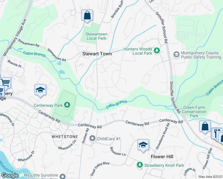 map of restaurants, bars, coffee shops, grocery stores, and more near 19417 Framingham Drive in Gaithersburg