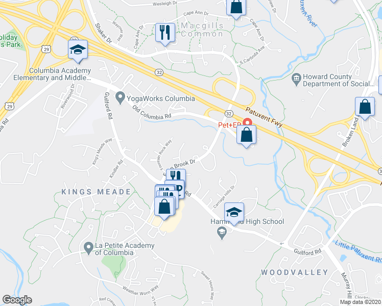 map of restaurants, bars, coffee shops, grocery stores, and more near 7124 Eden Brook Drive in Columbia