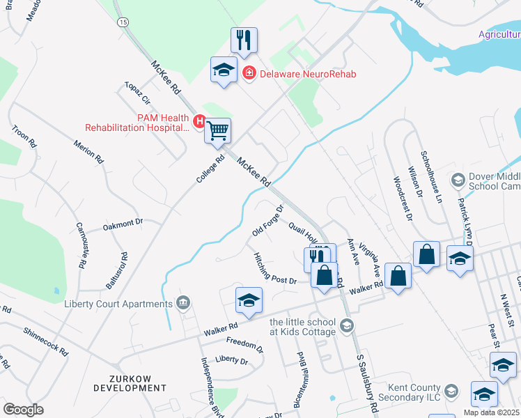 map of restaurants, bars, coffee shops, grocery stores, and more near 52 Forest Creek Drive in Dover