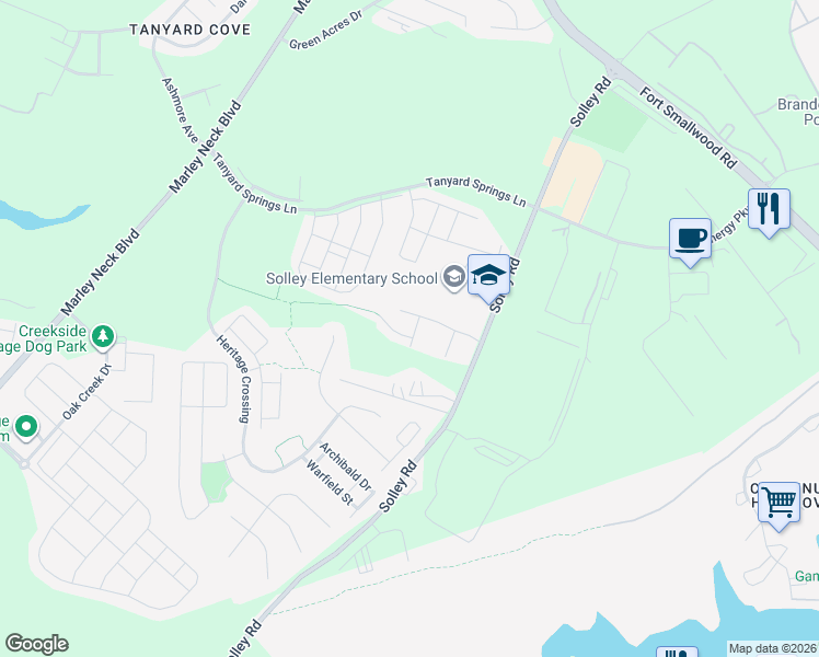map of restaurants, bars, coffee shops, grocery stores, and more near 7412 Willow View Lane in Glen Burnie