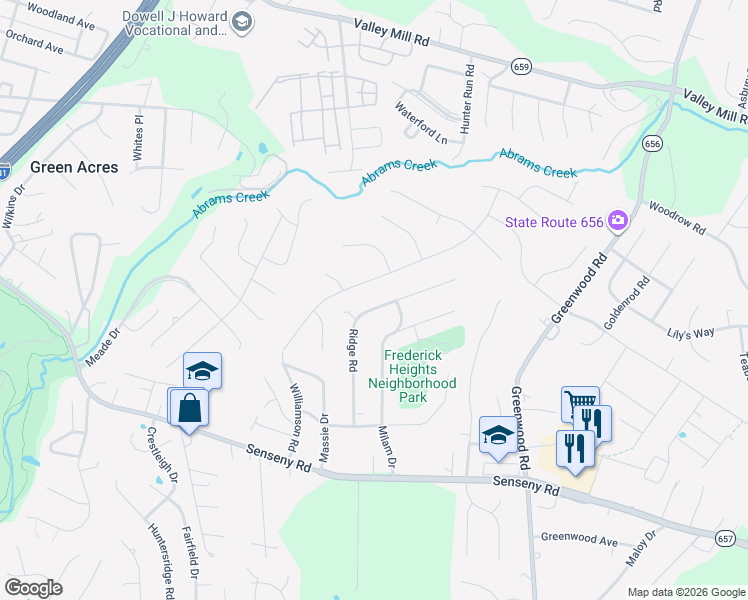 map of restaurants, bars, coffee shops, grocery stores, and more near 217 Ridge Rd in Winchester