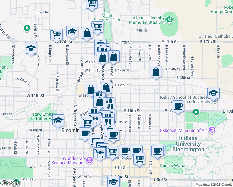 map of restaurants, bars, coffee shops, grocery stores, and more near 804 North Walnut Street in Bloomington