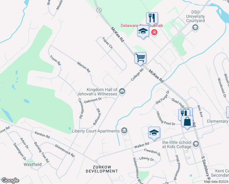 map of restaurants, bars, coffee shops, grocery stores, and more near 104 Red Oak Drive in Dover