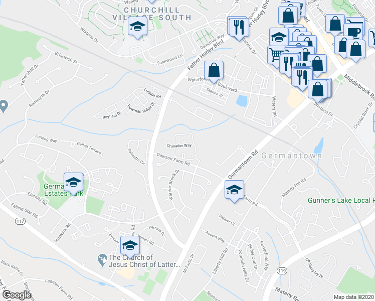 map of restaurants, bars, coffee shops, grocery stores, and more near 13530 Giant Court in Germantown