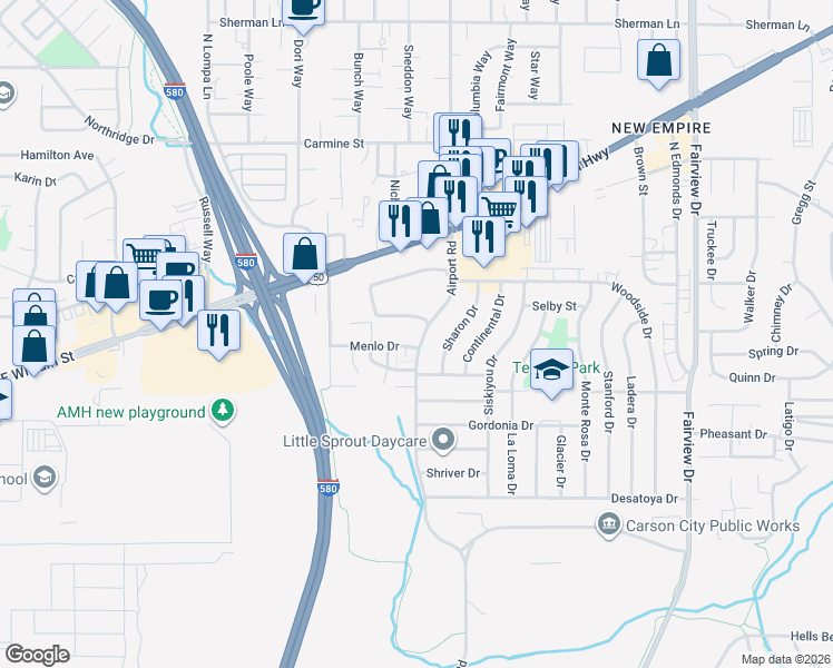 map of restaurants, bars, coffee shops, grocery stores, and more near 1600 Airport Road in Carson City