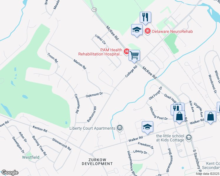 map of restaurants, bars, coffee shops, grocery stores, and more near 104 Red Oak Drive in Dover