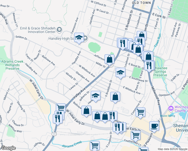 map of restaurants, bars, coffee shops, grocery stores, and more near 1320 Ashburn Street in Winchester