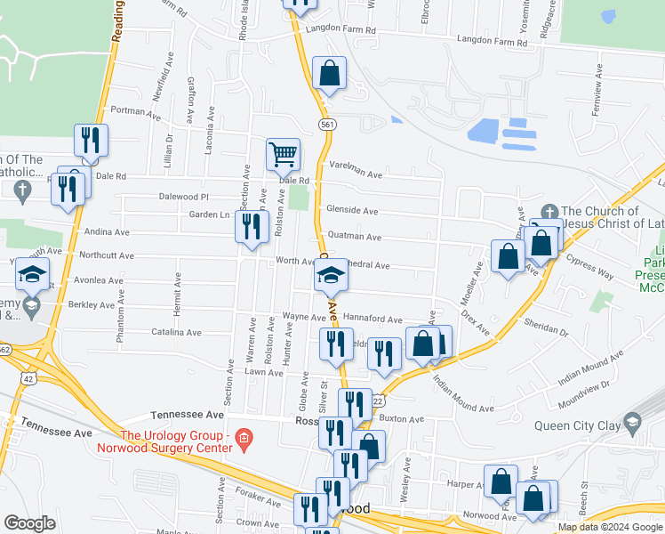 map of restaurants, bars, coffee shops, grocery stores, and more near 2112 Cathedral Avenue in Cincinnati