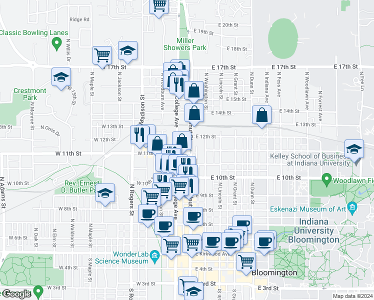 map of restaurants, bars, coffee shops, grocery stores, and more near 804 North Walnut Street in Bloomington