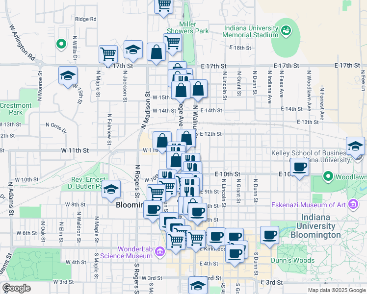 map of restaurants, bars, coffee shops, grocery stores, and more near 717 North College Avenue in Bloomington