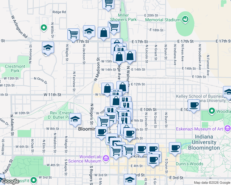 map of restaurants, bars, coffee shops, grocery stores, and more near in Bloomington