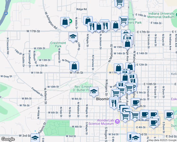 map of restaurants, bars, coffee shops, grocery stores, and more near 801 West 12th Street in Bloomington