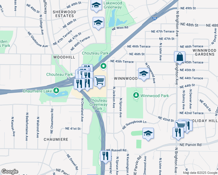 map of restaurants, bars, coffee shops, grocery stores, and more near 4417 Northeast Winn Road in Kansas City