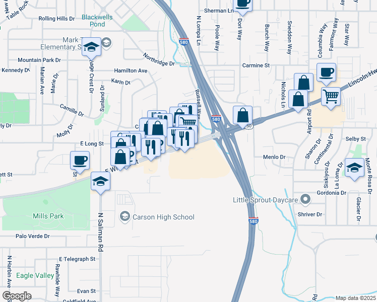 map of restaurants, bars, coffee shops, grocery stores, and more near 2171 East William Street in Carson City
