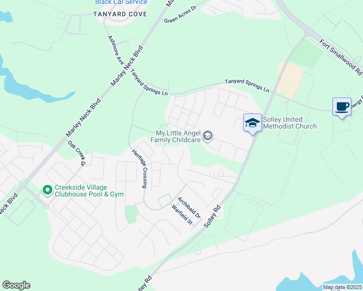 map of restaurants, bars, coffee shops, grocery stores, and more near 7204 Stallings Drive in Glen Burnie