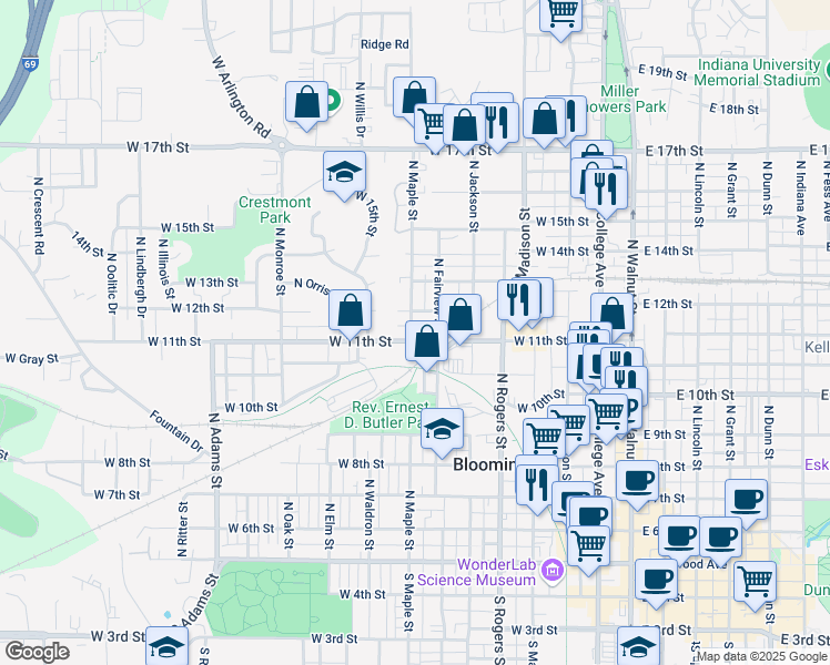 map of restaurants, bars, coffee shops, grocery stores, and more near 801 West 12th Street in Bloomington