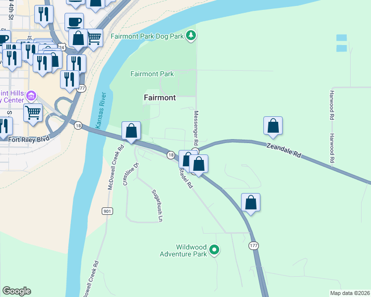 map of restaurants, bars, coffee shops, grocery stores, and more near 300-398 Rannells Road in Manhattan