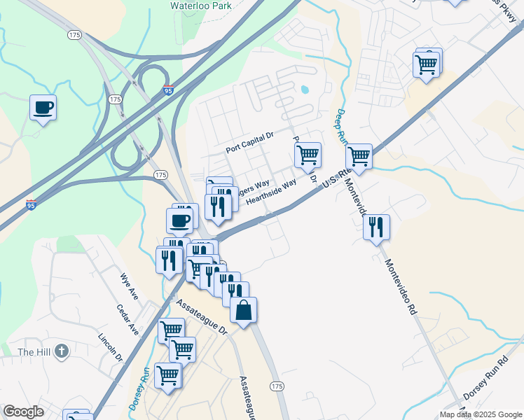 map of restaurants, bars, coffee shops, grocery stores, and more near 7510 Hearthside Way in Elkridge