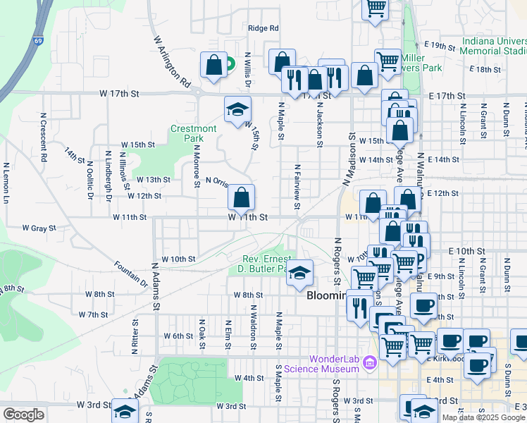 map of restaurants, bars, coffee shops, grocery stores, and more near 801 West 12th Street in Bloomington