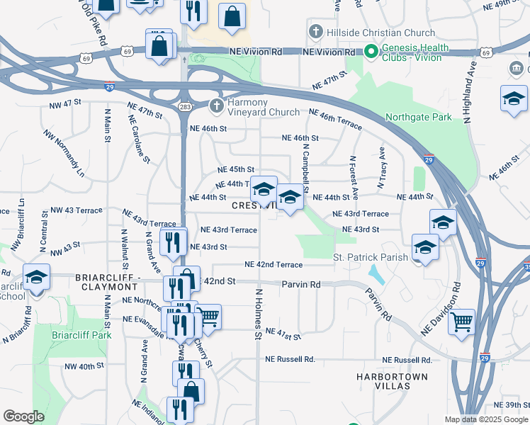 map of restaurants, bars, coffee shops, grocery stores, and more near 4327 North Holmes Street in Kansas City