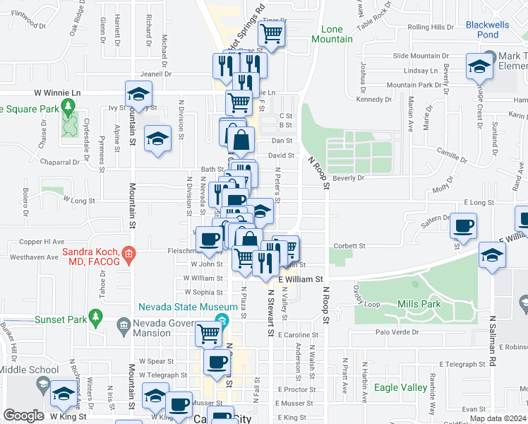 map of restaurants, bars, coffee shops, grocery stores, and more near 208 East Adams Street in Carson City