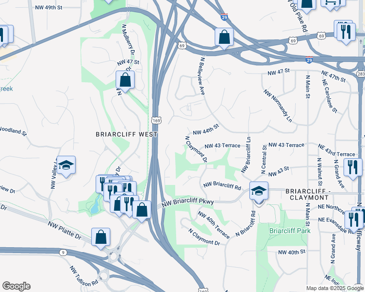 map of restaurants, bars, coffee shops, grocery stores, and more near Northwest 42nd Terrace in Kansas City