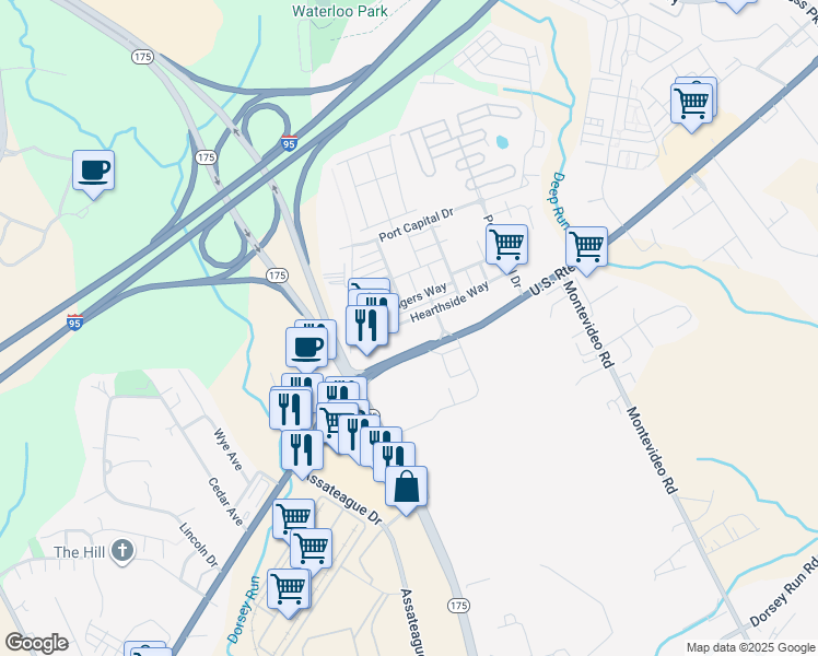 map of restaurants, bars, coffee shops, grocery stores, and more near 7500 Hearthside Way in Elkridge