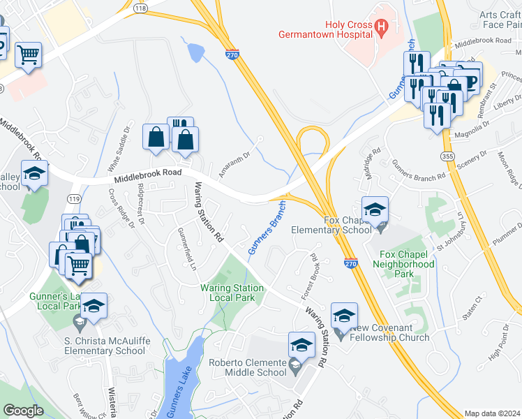map of restaurants, bars, coffee shops, grocery stores, and more near 12030 Middlebrook Road in Germantown