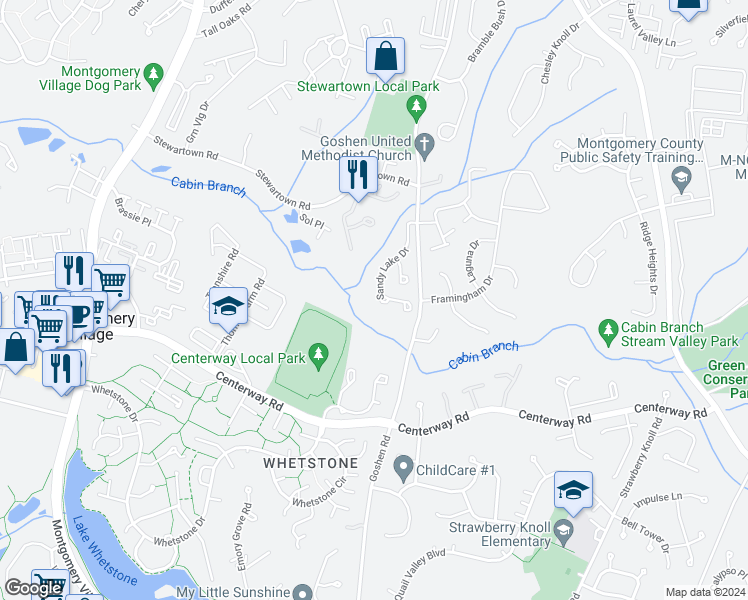 map of restaurants, bars, coffee shops, grocery stores, and more near 19354 Sandy Lake Drive in Gaithersburg